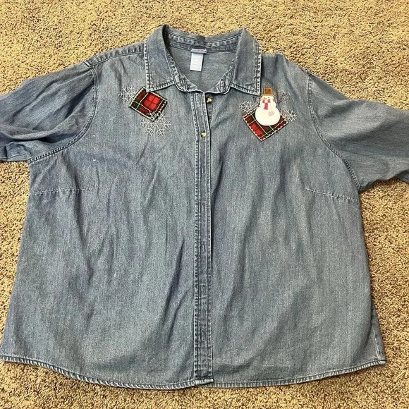Vintage Shirt Women 3XL‎ Denim Christmas 
 Jean Embroidered Snowman holiday - Picture 4 of 12
